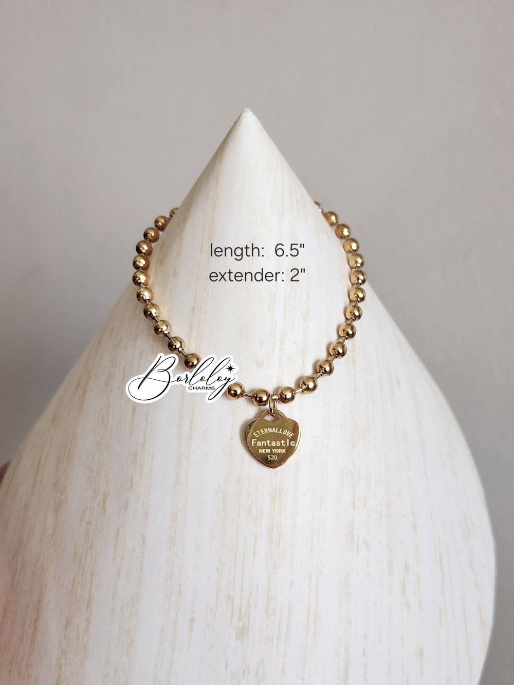 Stainless Steel Gold Plated Beaded Heart Charmed Bracelet